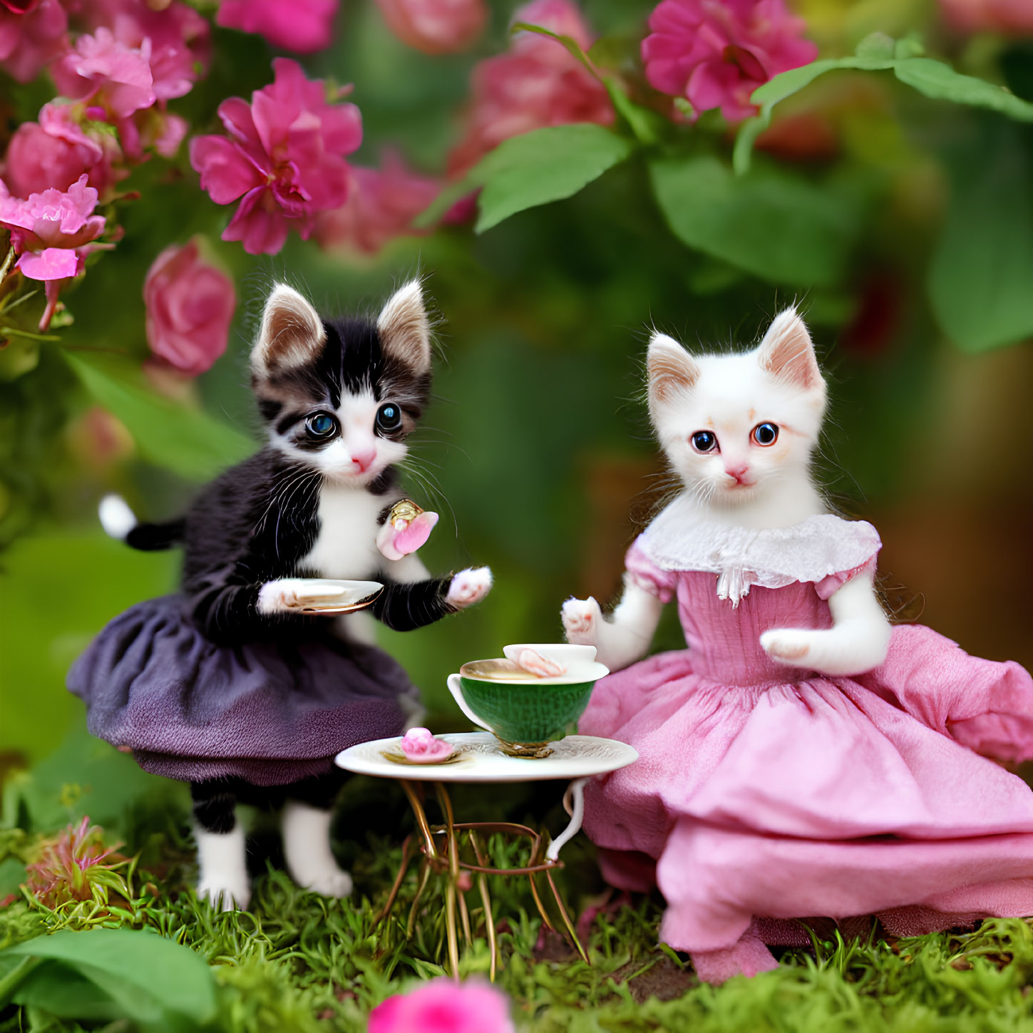 Adorable kittens in doll clothes at flower tea party