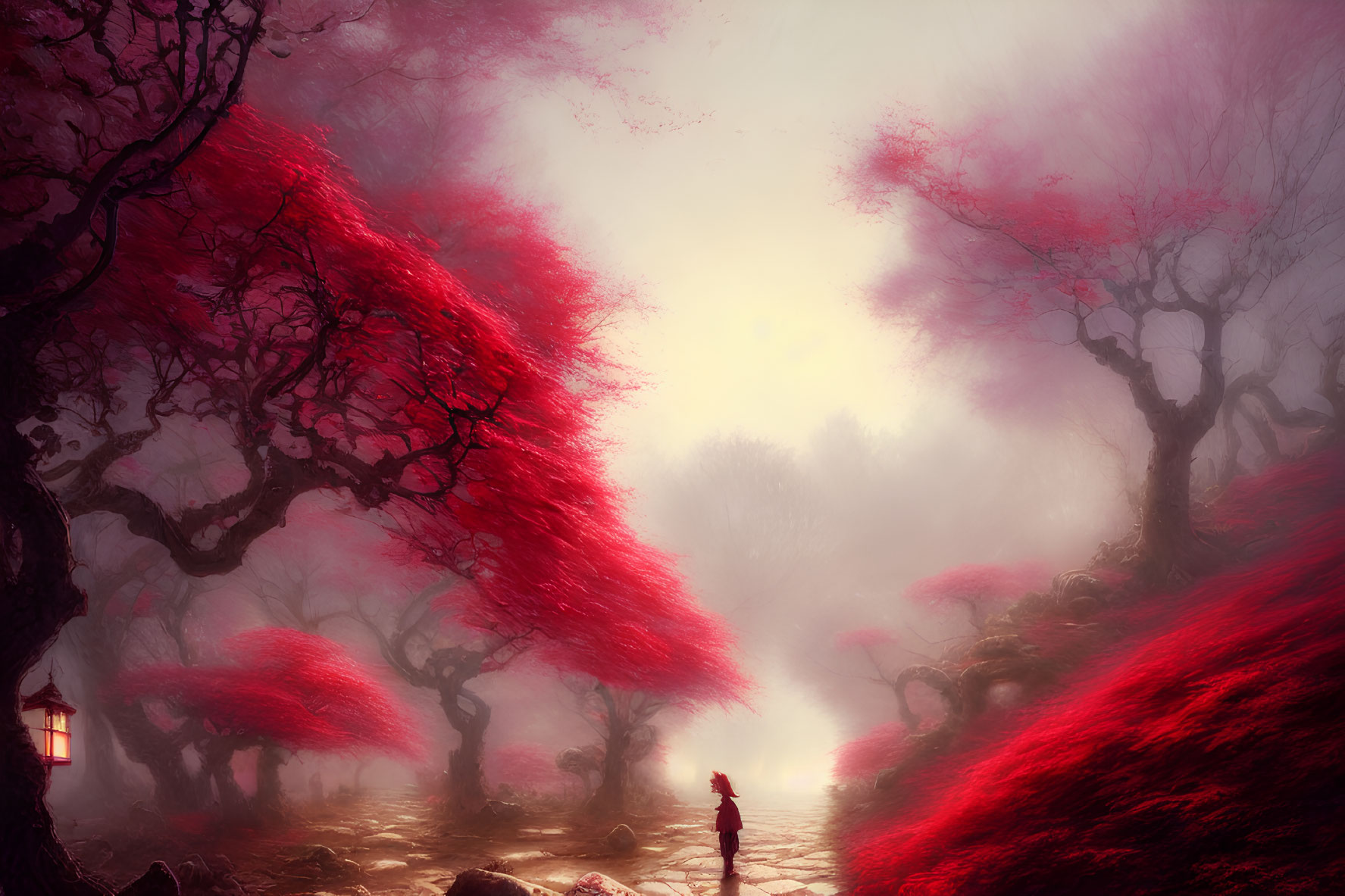 Person standing on misty path with red-leafed trees and lantern