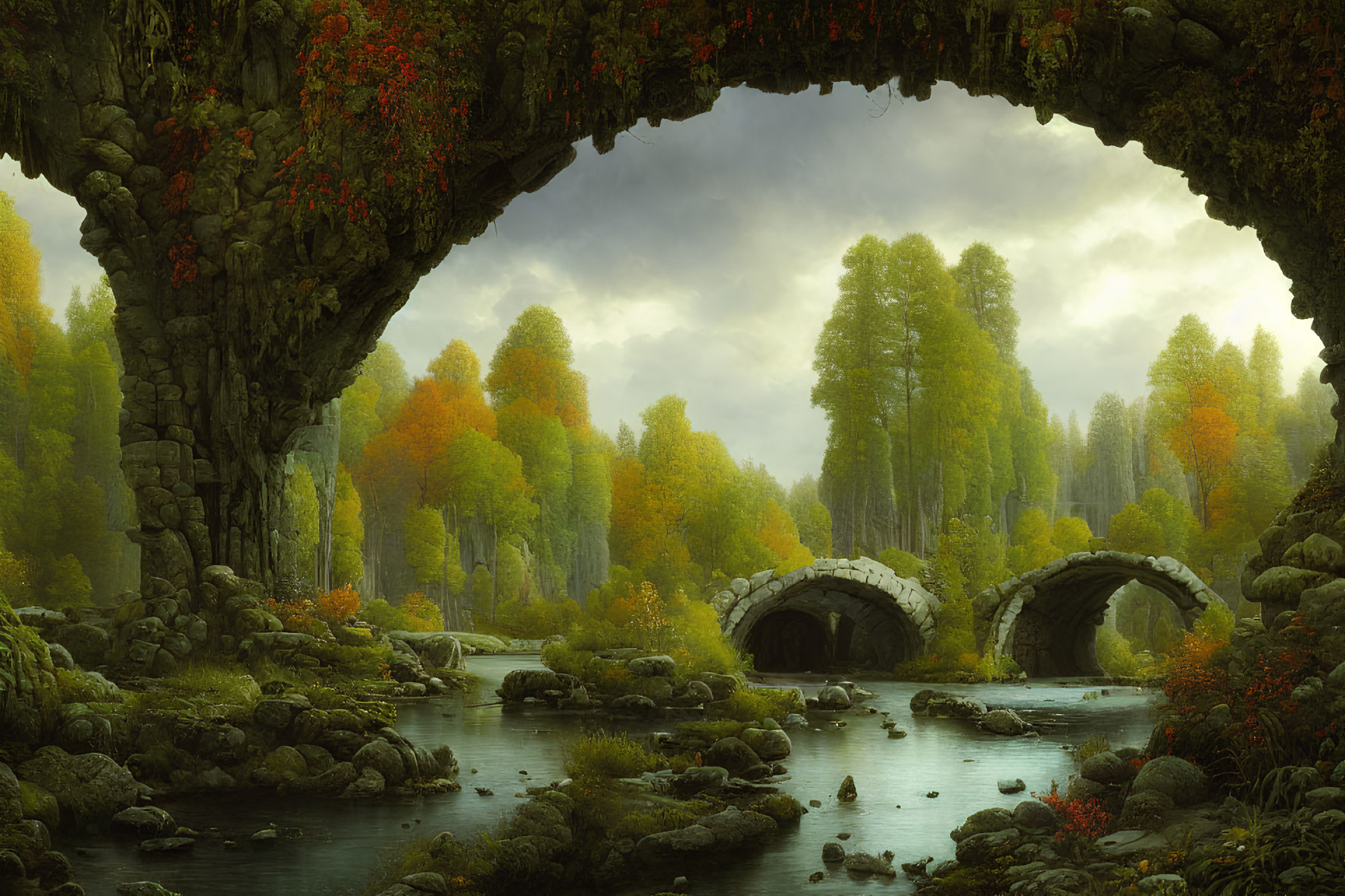 Tranquil autumn landscape with stone bridge, stream, trees, and rock arch