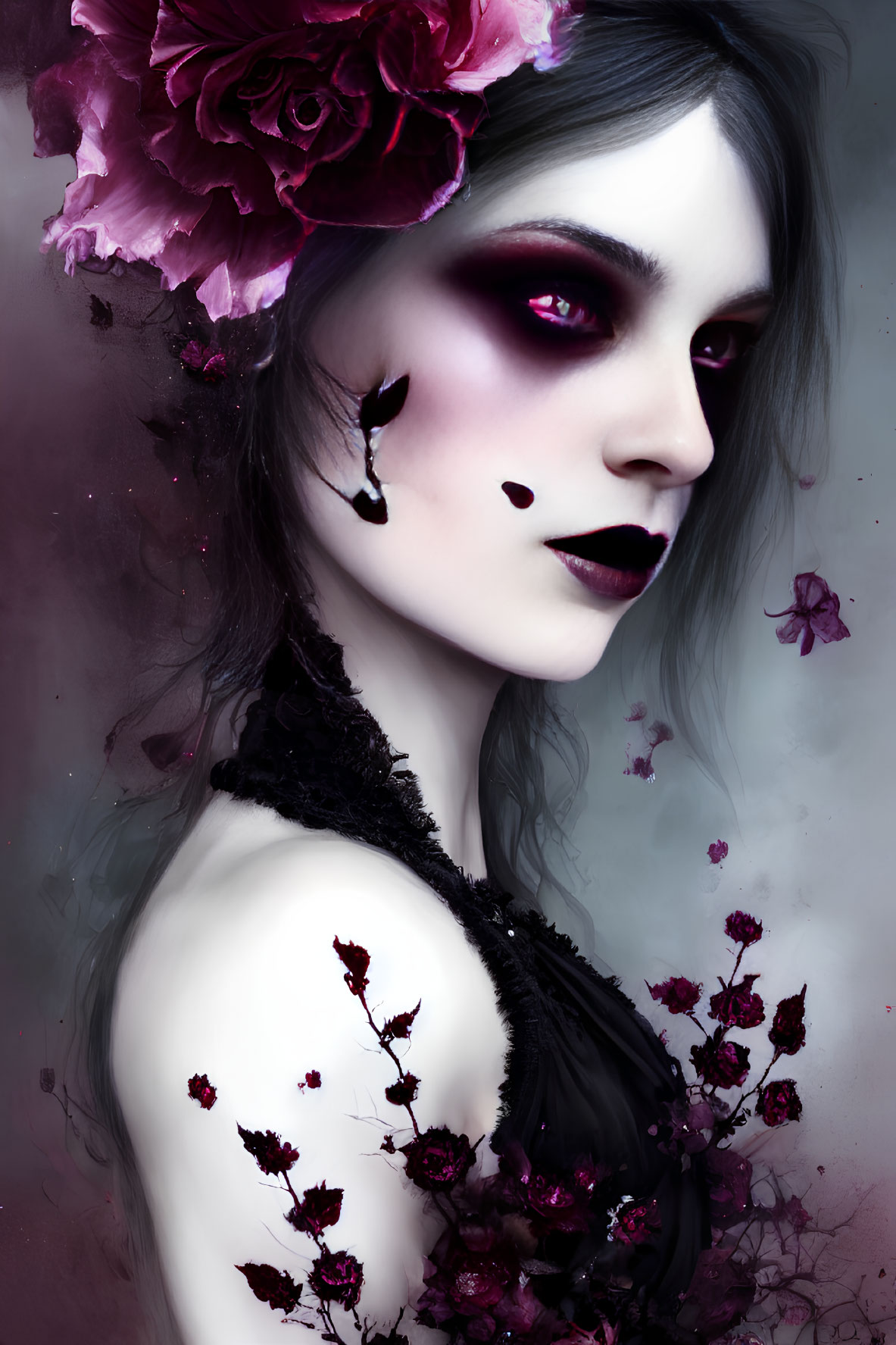 Portrait of woman with gothic makeup and floral accents