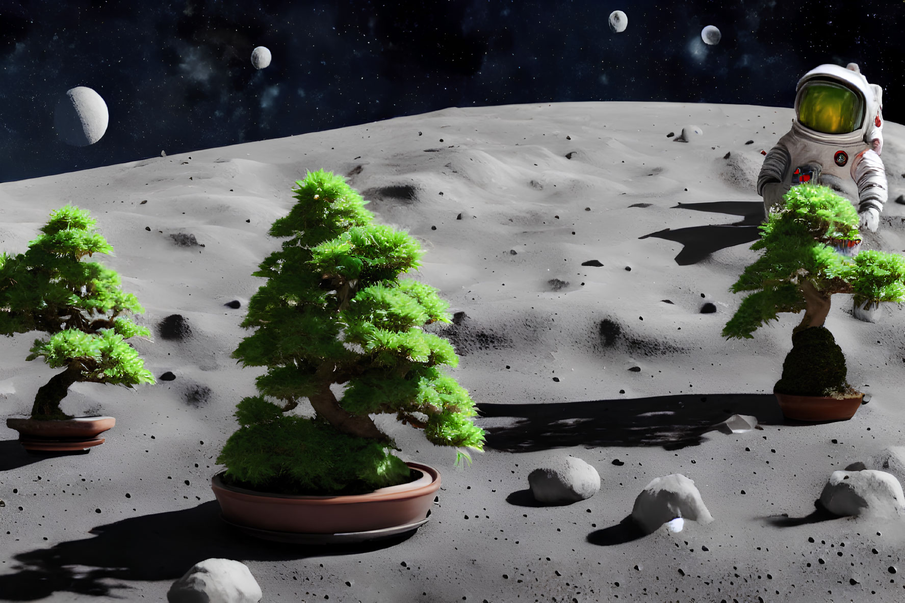 Astronaut on lunar surface with bonsai trees and starry sky