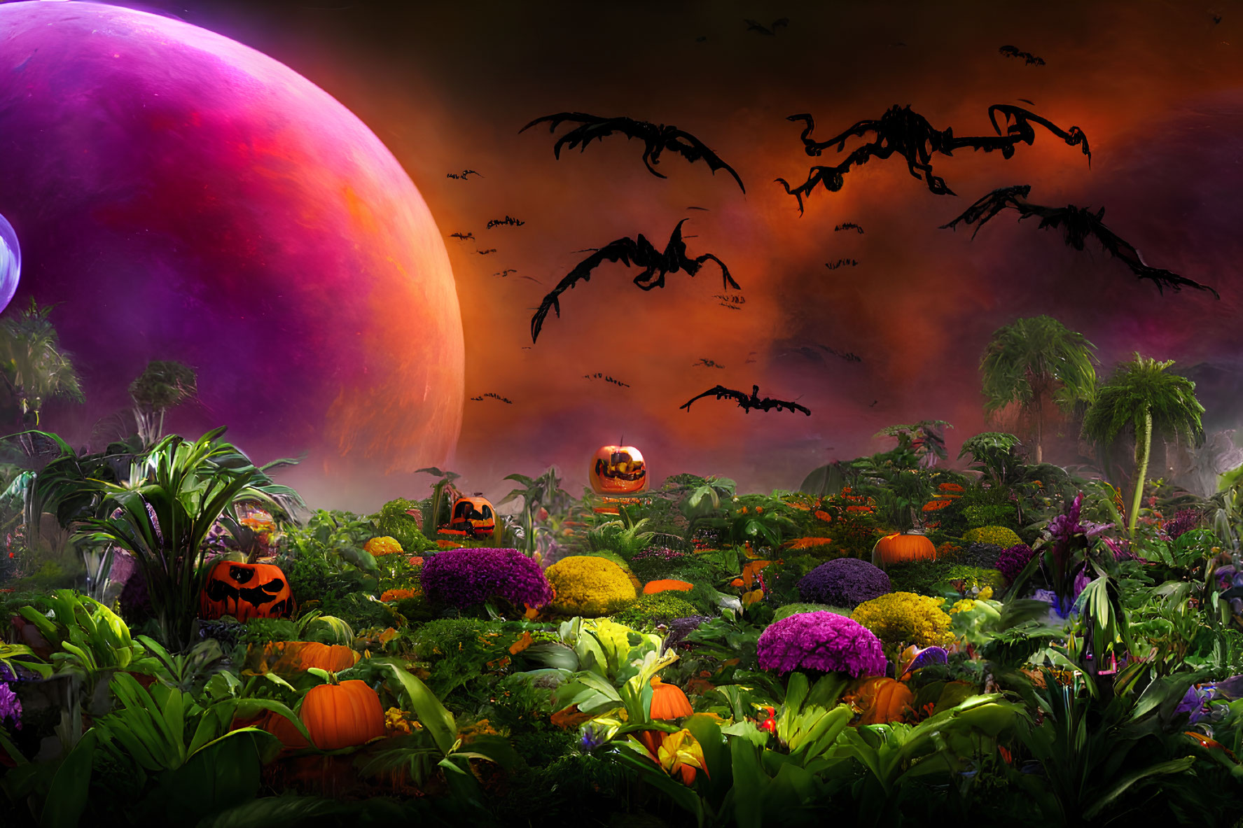 Fantastical Halloween landscape with giant purple moon and flying bats