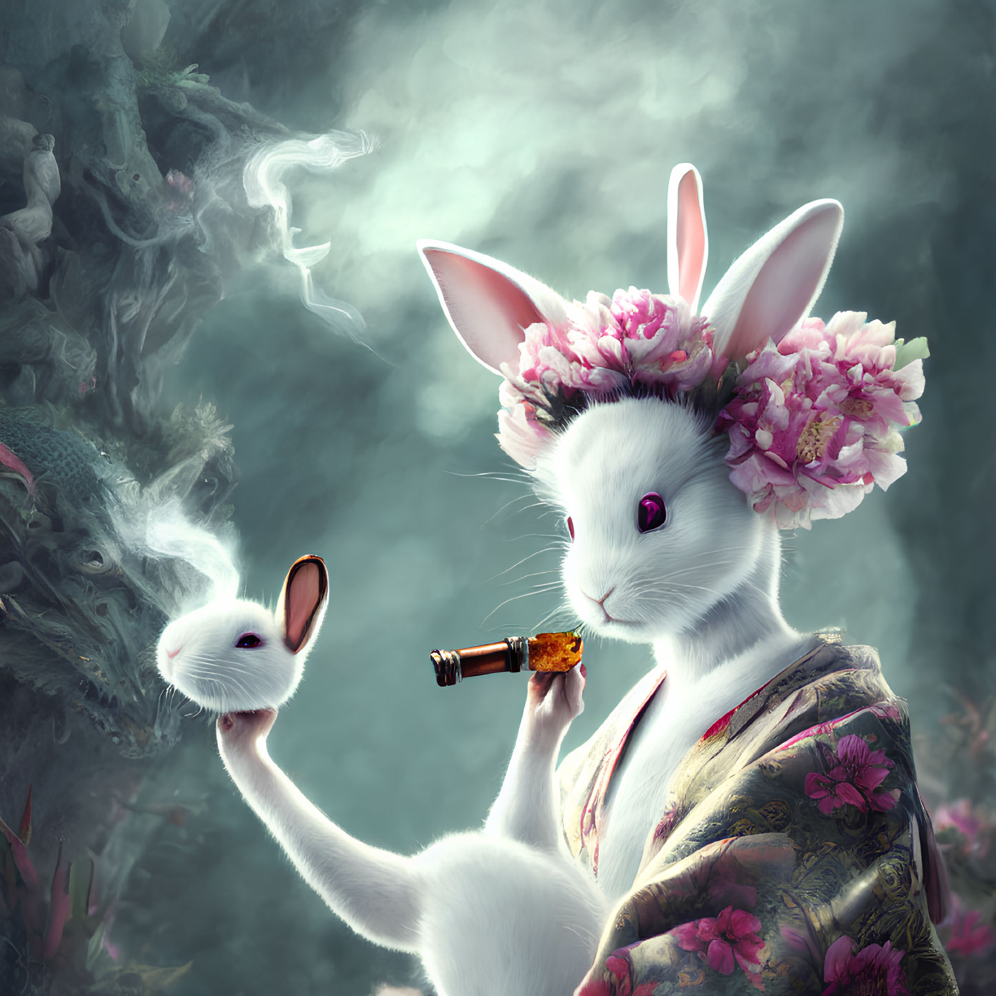 Anthropomorphic rabbit in kimono with pink flowers and pipe, accompanied by smaller rabbit and smoke rabbit