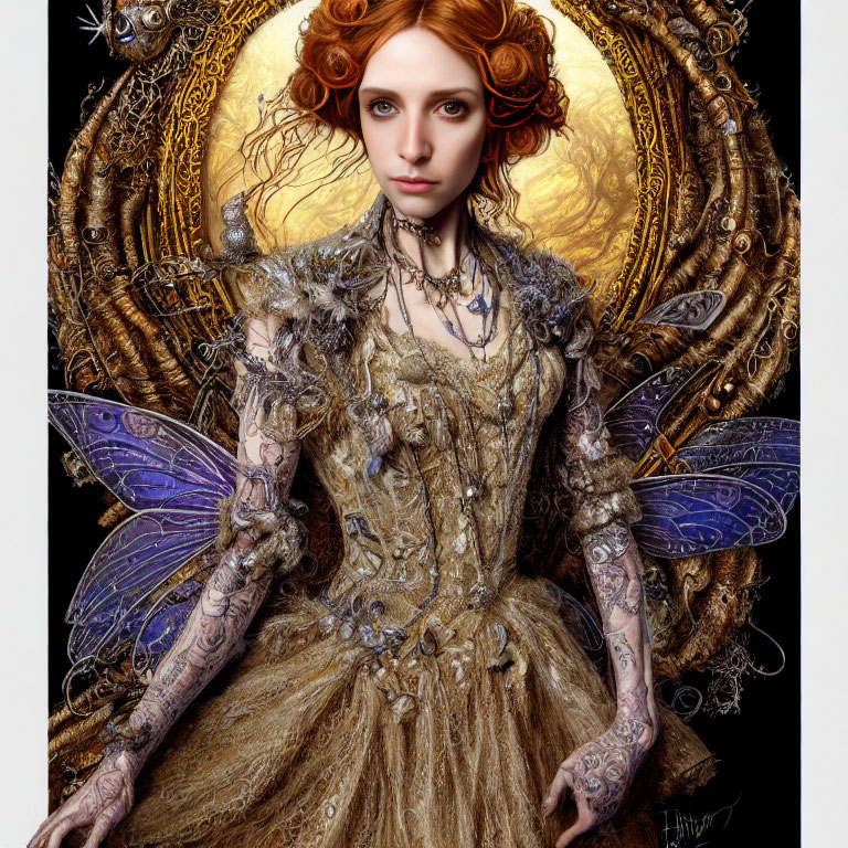 Illustration of a curly red-haired fairy in ornate golden attire with blue wings and intricate tattoos.