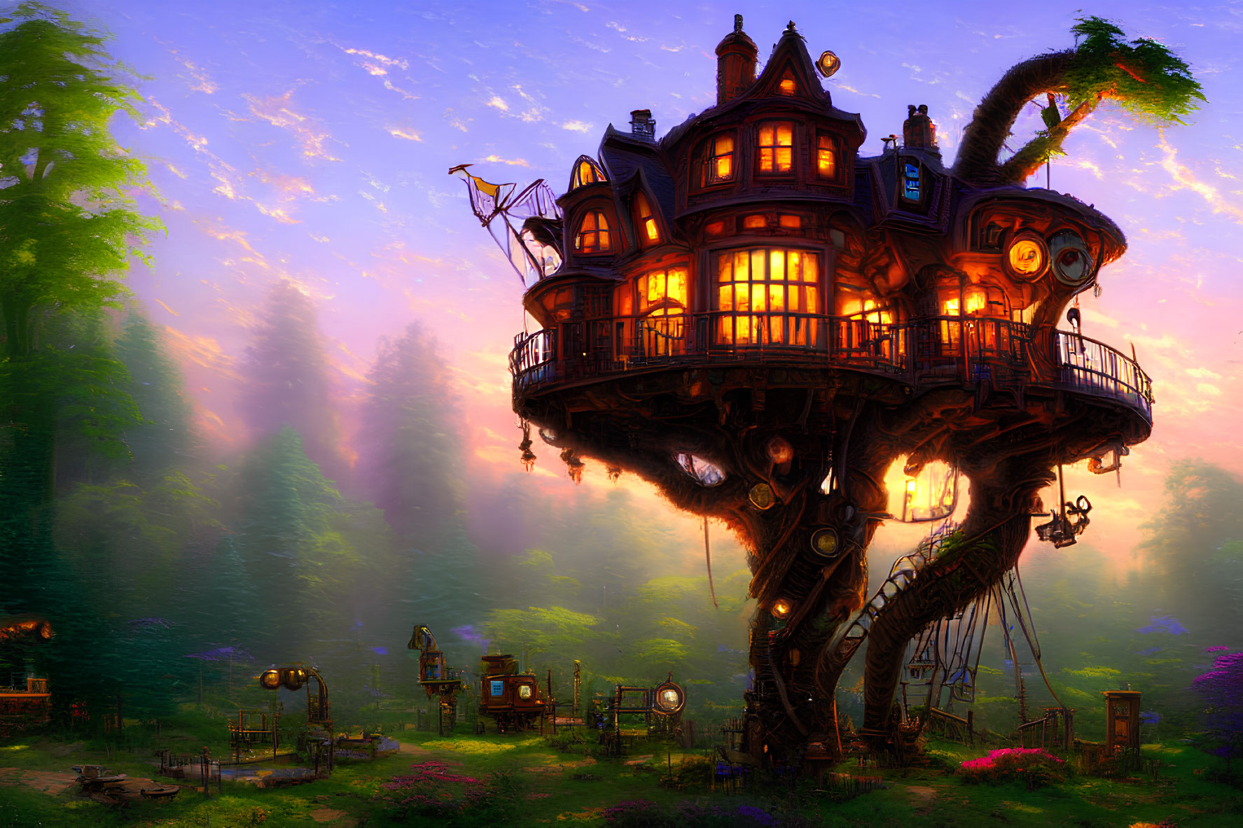 Mystical forest treehouse with glowing windows at dusk