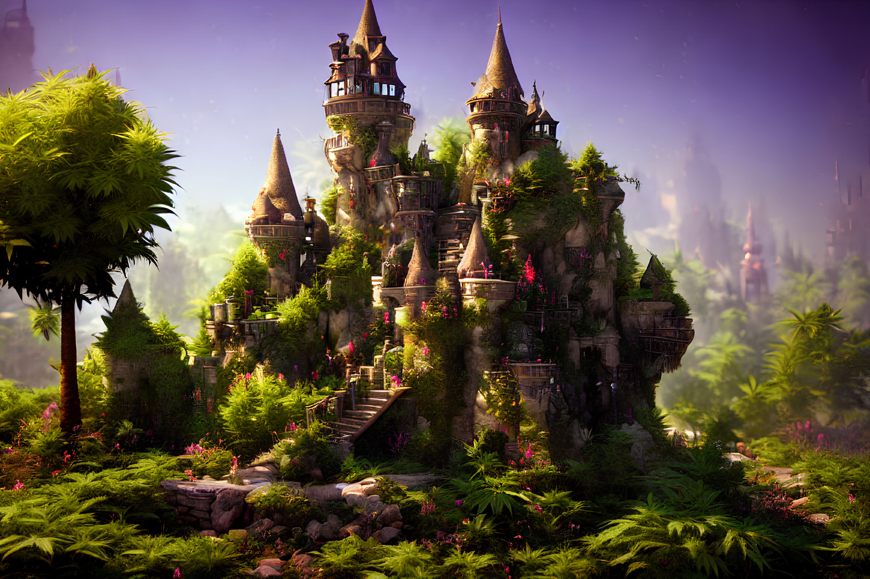 Fantastical castle with multiple spires on lush green rock formation