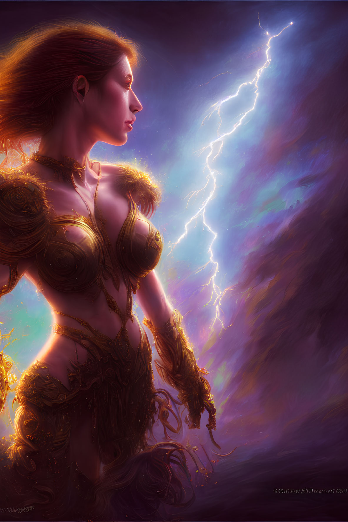 Red-haired woman in golden armor gazes at lightning in purple sky