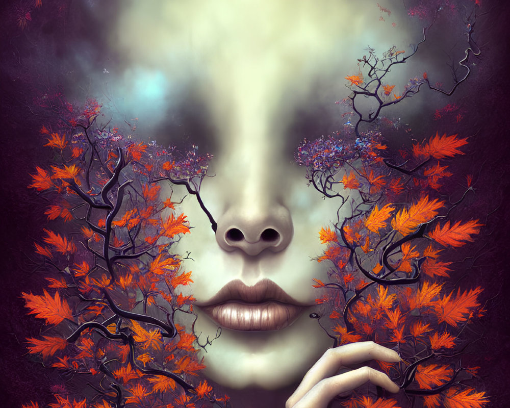 Surreal portrait of woman merging with autumn trees on mystical background