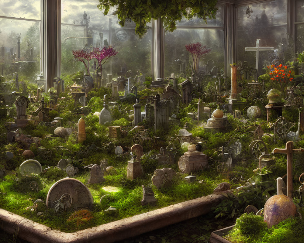 Overgrown greenhouse with diverse gravestones, crosses, and statues