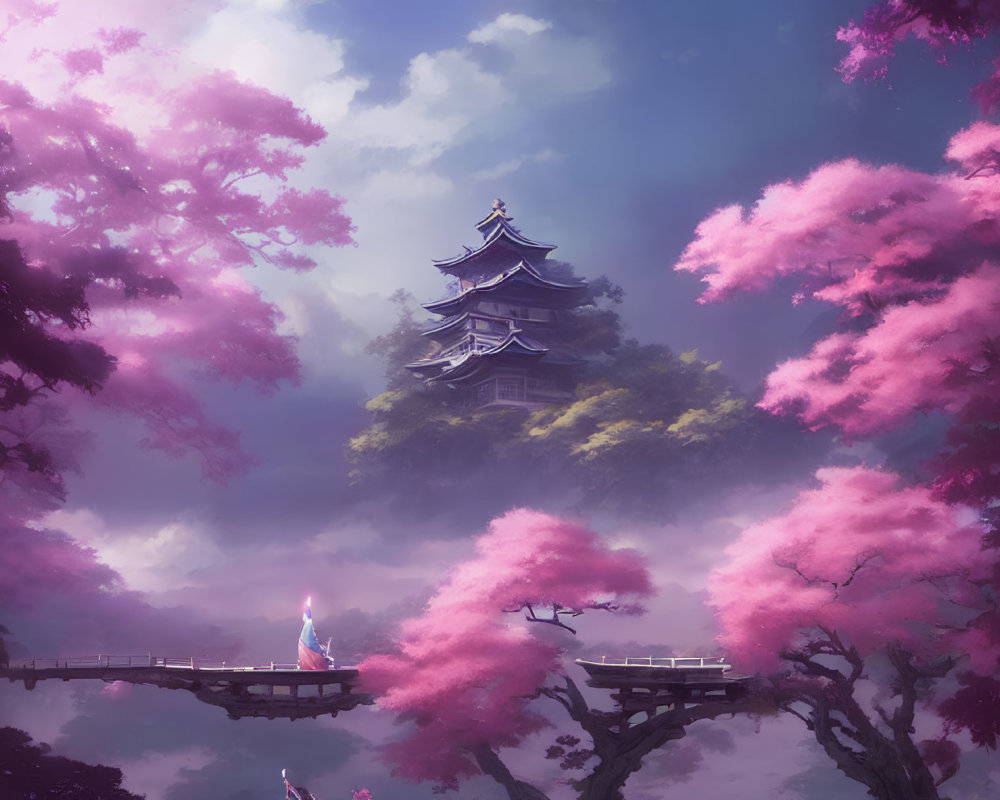 Traditional pagoda in cherry blossom landscape with wooden bridge under purple sky