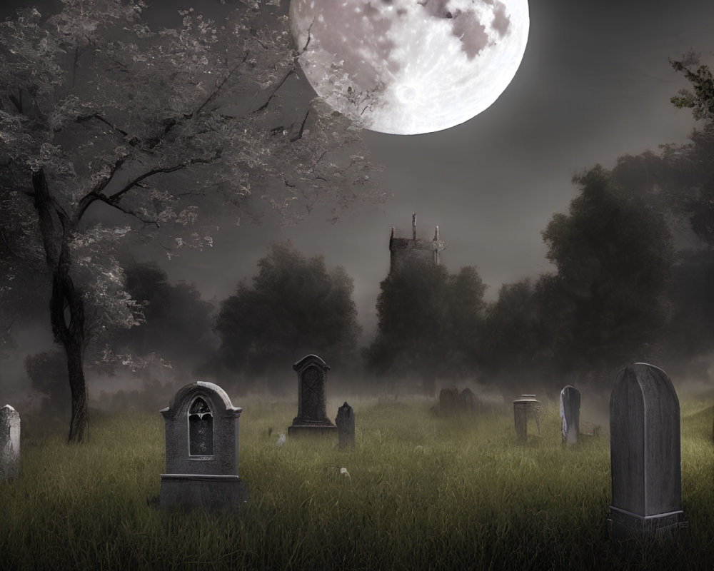 Full Moon Night Scene: Spooky Graveyard with Fog and Tombstones