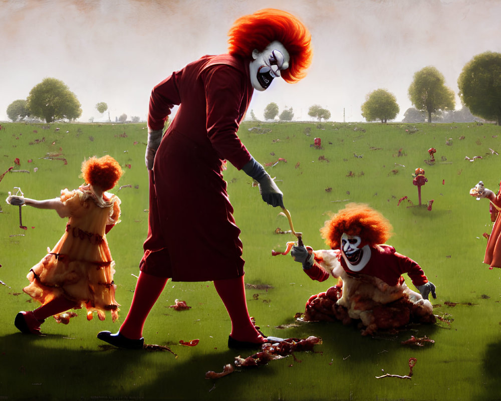 Surreal scene of oversized and menacing clowns in a field