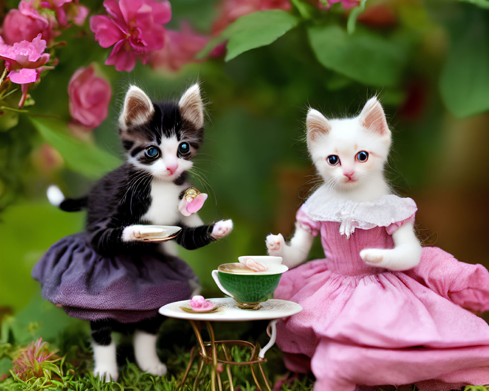 Adorable kittens in doll clothes at flower tea party