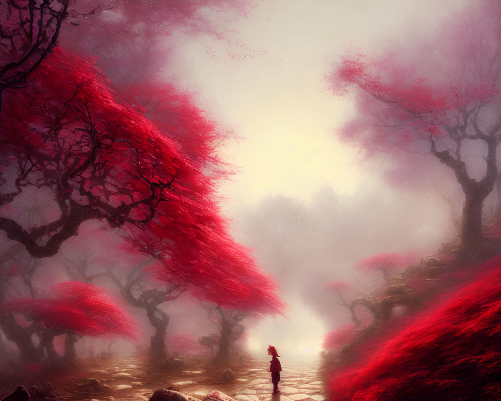 Person standing on misty path with red-leafed trees and lantern