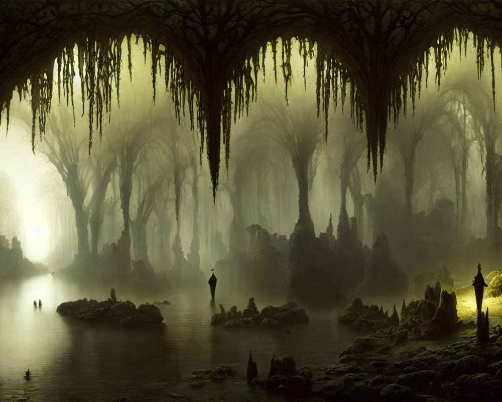 Mystical forest with towering trees, serene lake, and fog.