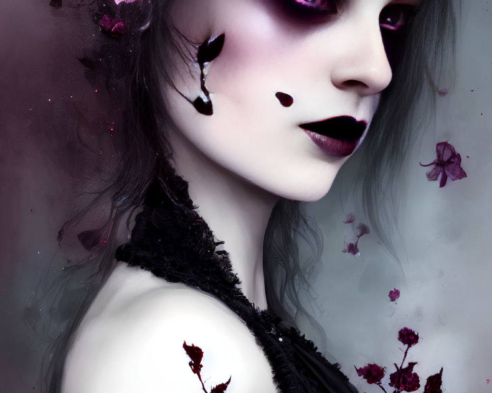 Portrait of woman with gothic makeup and floral accents