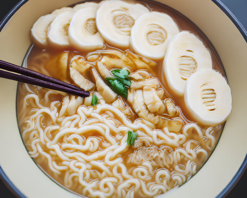 Savory ramen bowl with eggs, chicken, noodles, and greens