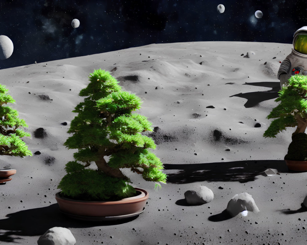 Astronaut on lunar surface with bonsai trees and starry sky