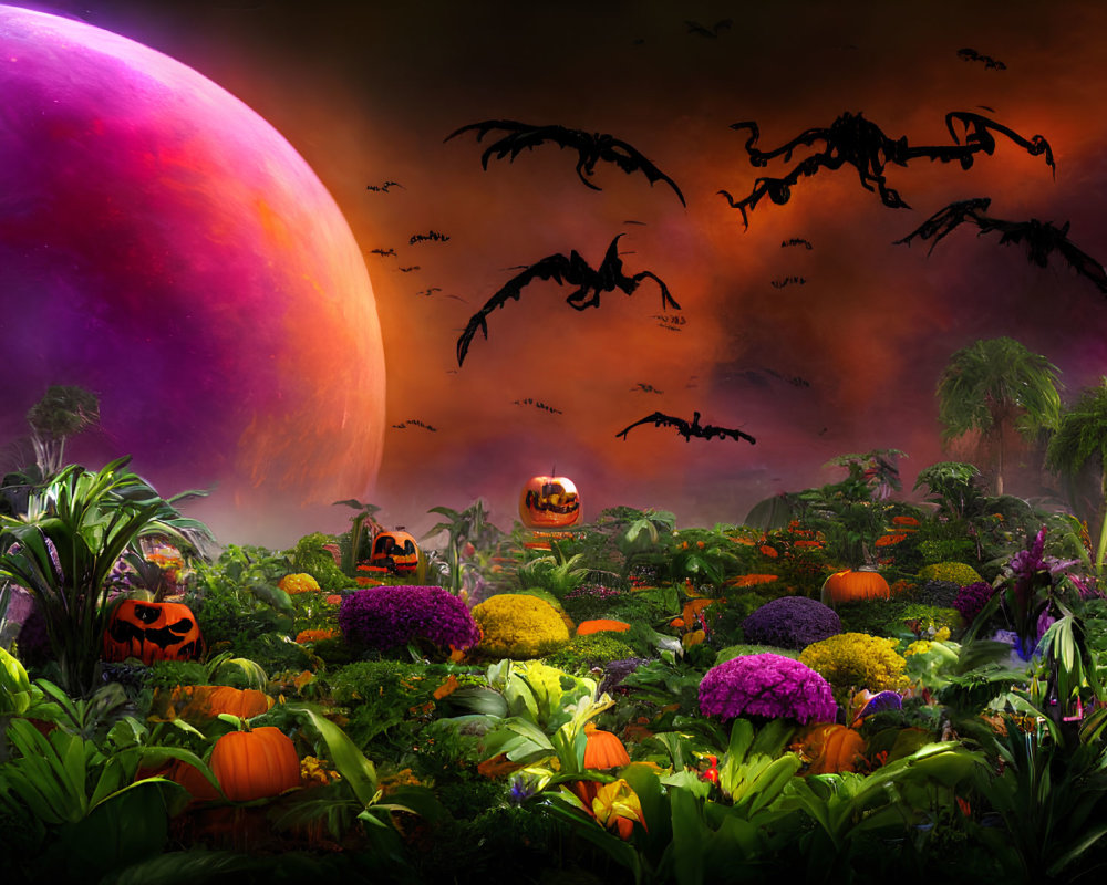 Fantastical Halloween landscape with giant purple moon and flying bats