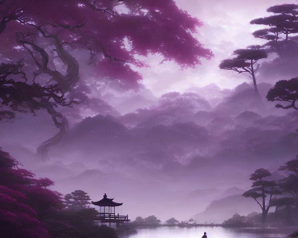 Tranquil landscape with purple foliage, misty mountains, pagoda, and figure by lake