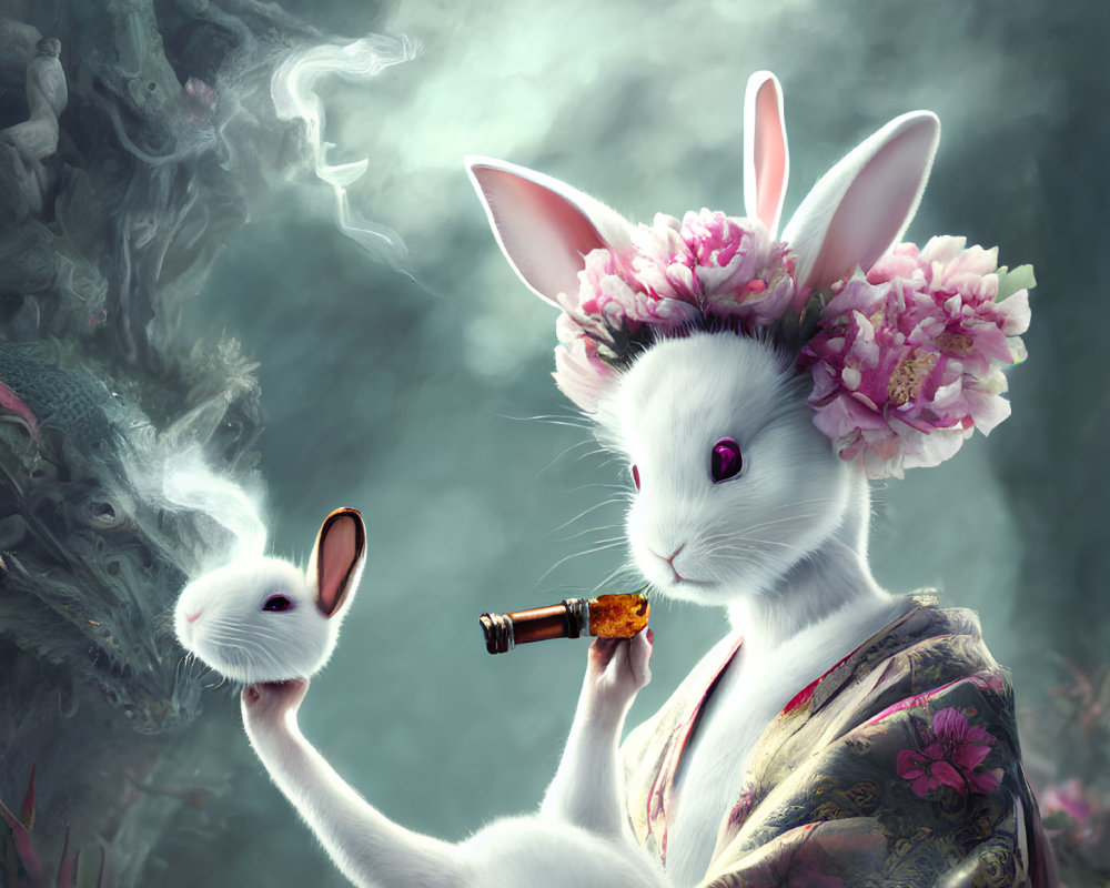 Anthropomorphic rabbit in kimono with pink flowers and pipe, accompanied by smaller rabbit and smoke rabbit