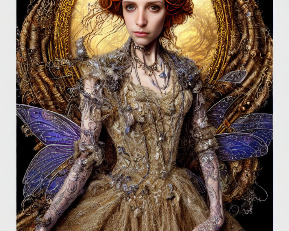 Illustration of a curly red-haired fairy in ornate golden attire with blue wings and intricate tattoos.