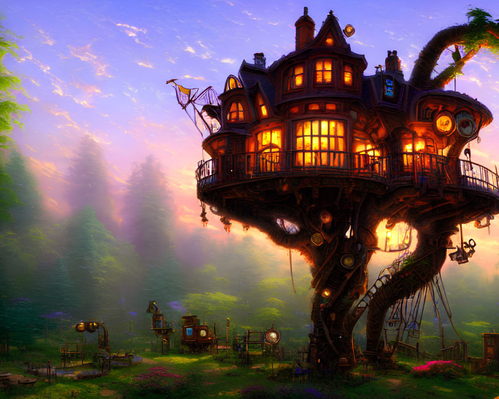 Mystical forest treehouse with glowing windows at dusk