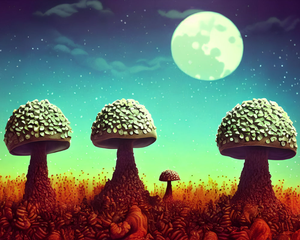 Enchanting fantasy landscape with glowing mushrooms under full moon