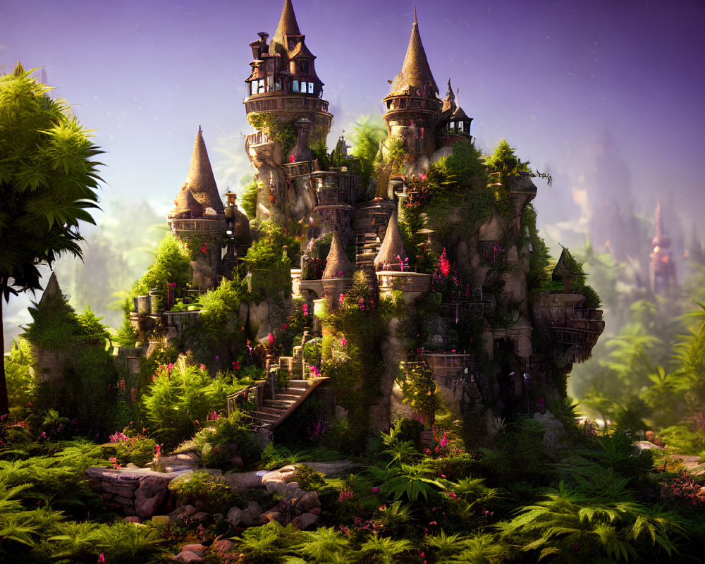 Fantastical castle with multiple spires on lush green rock formation