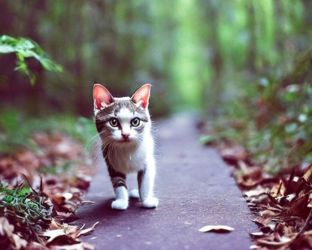 White and Grey Kitten with Unique Markings in Forest Setting