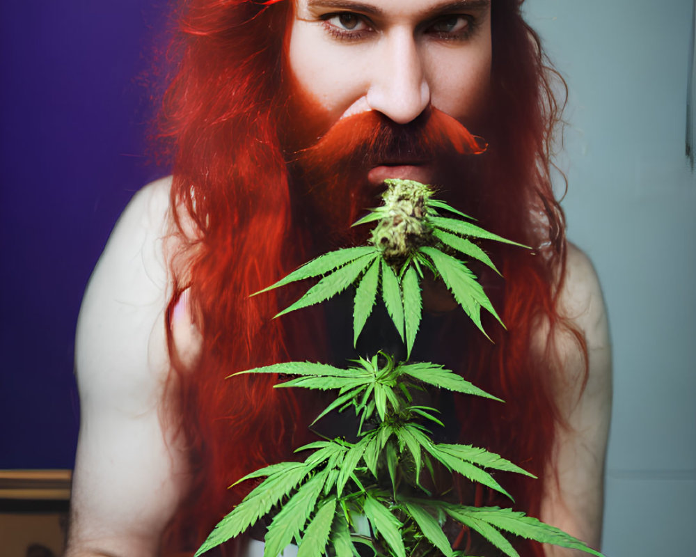 Person with Red Hair Holding Cannabis Leaf on Purple Background