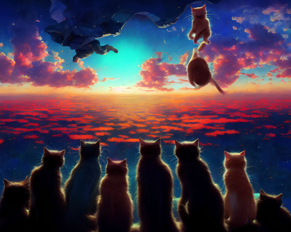 Cats watching colorful sky with playful cats nearby