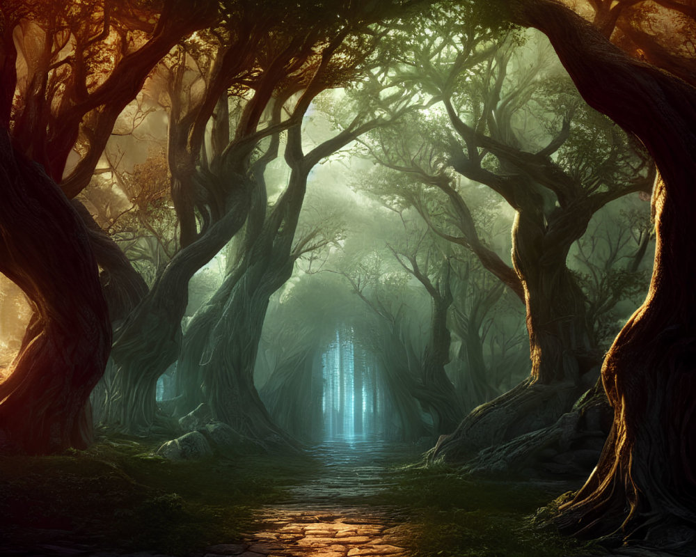 Twisted trees in misty forest path with glowing entrance