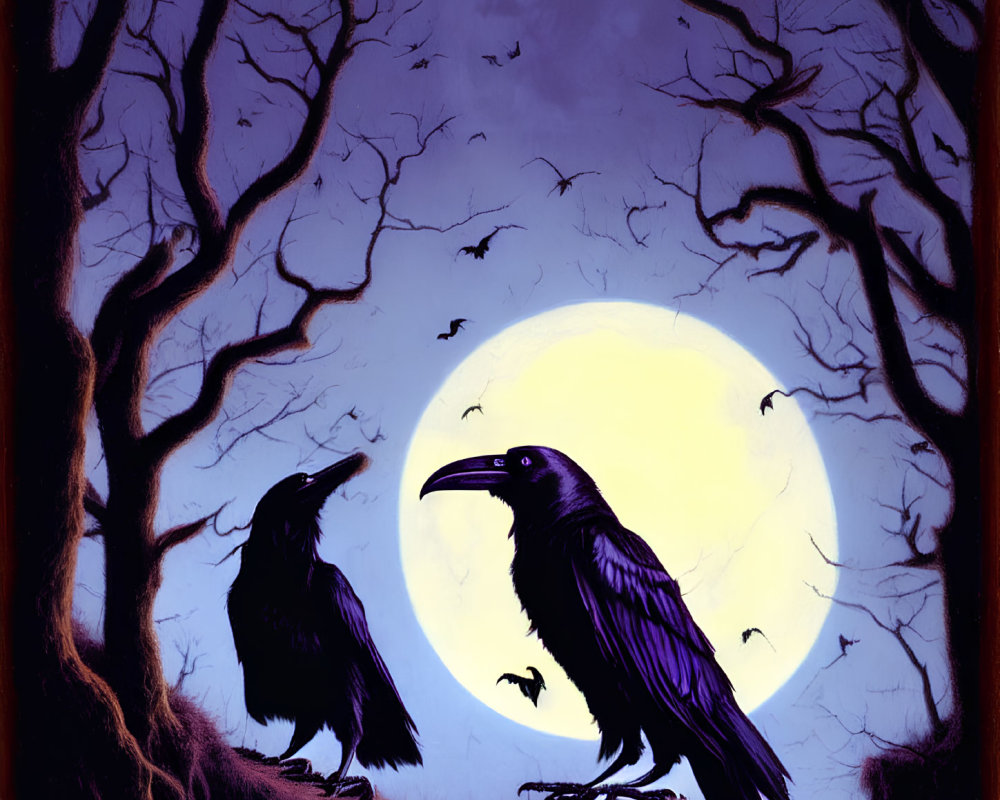 Ravens, Full Moon, Silhouetted Trees, Bats in Twilight Sky