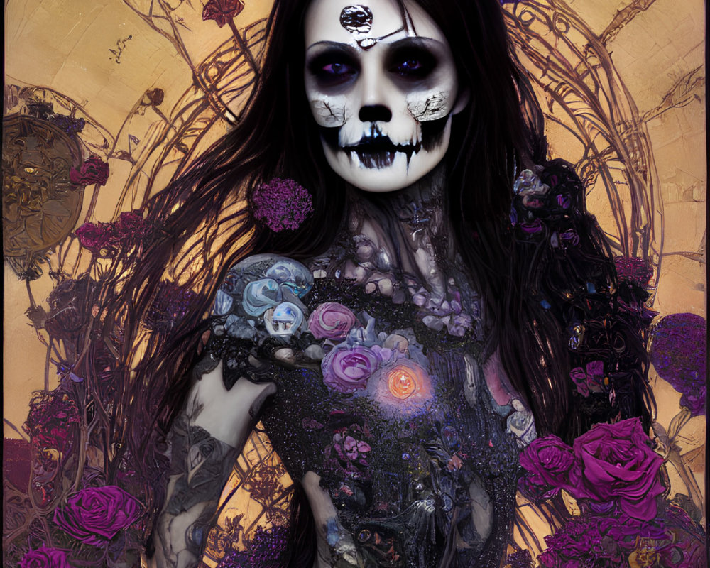 Figure with Skull-Like Face Makeup Amid Purple Floral Patterns