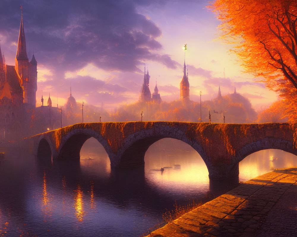 Majestic stone bridge and castle at serene sunset