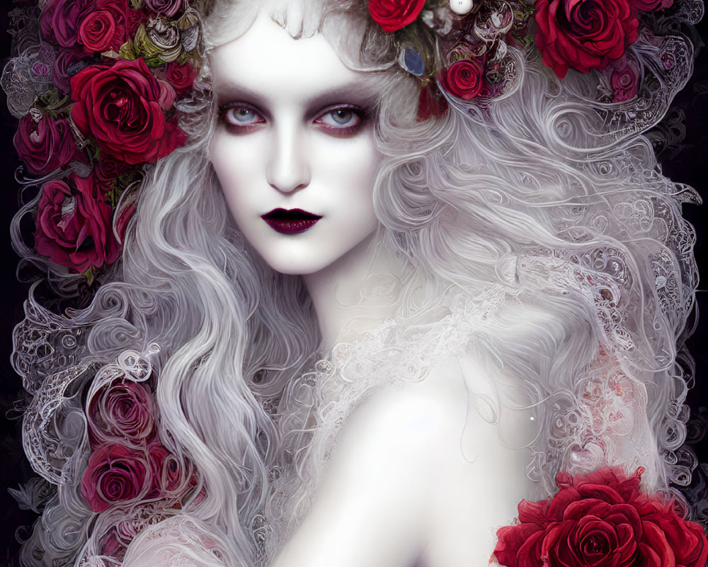 Pale woman with red lips and gray hair in floral crown on dark background