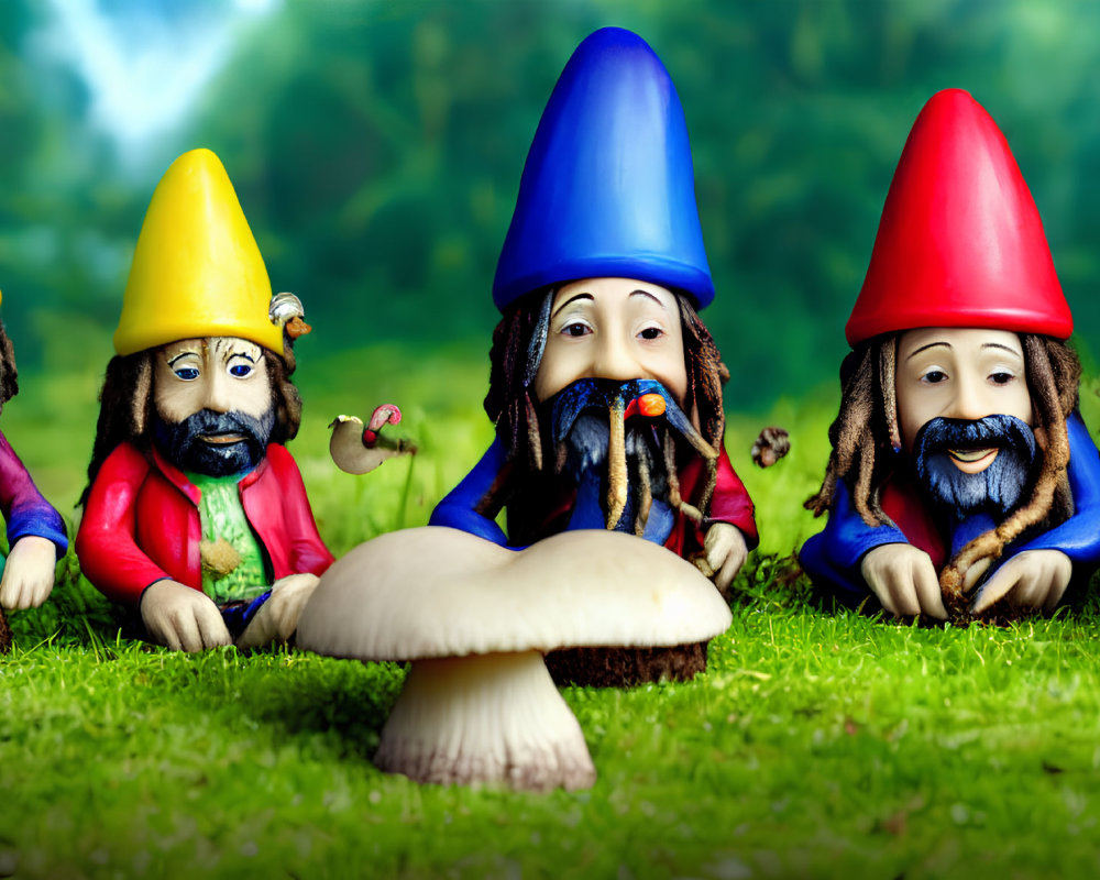 Colorful Garden Gnomes with Beards Behind Mushroom on Grassy Surface