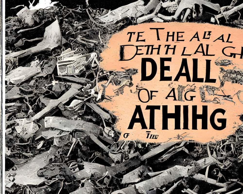 Monochrome collage with bones, machinery, and debris surrounding orange oval with scrambled text.