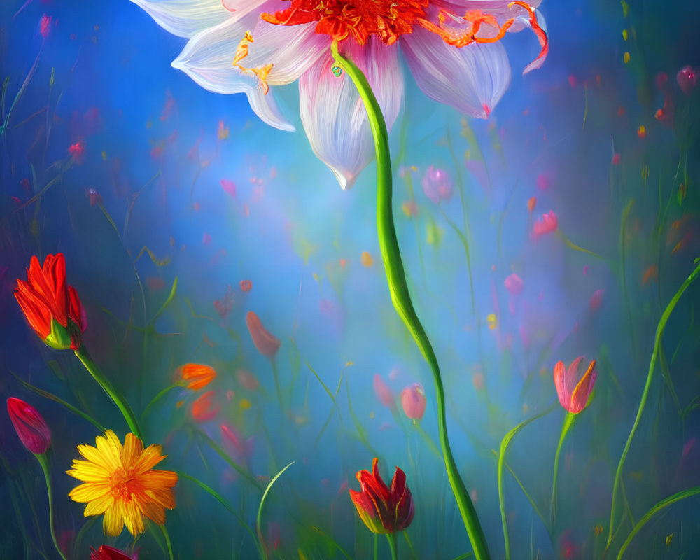 Colorful digital painting of white and red flowers on blue background