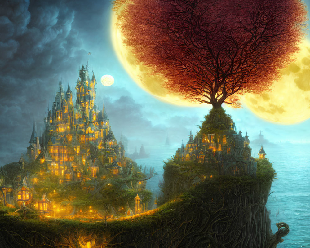 Illuminated castle, giant red tree, misty ocean: fantasy landscape.