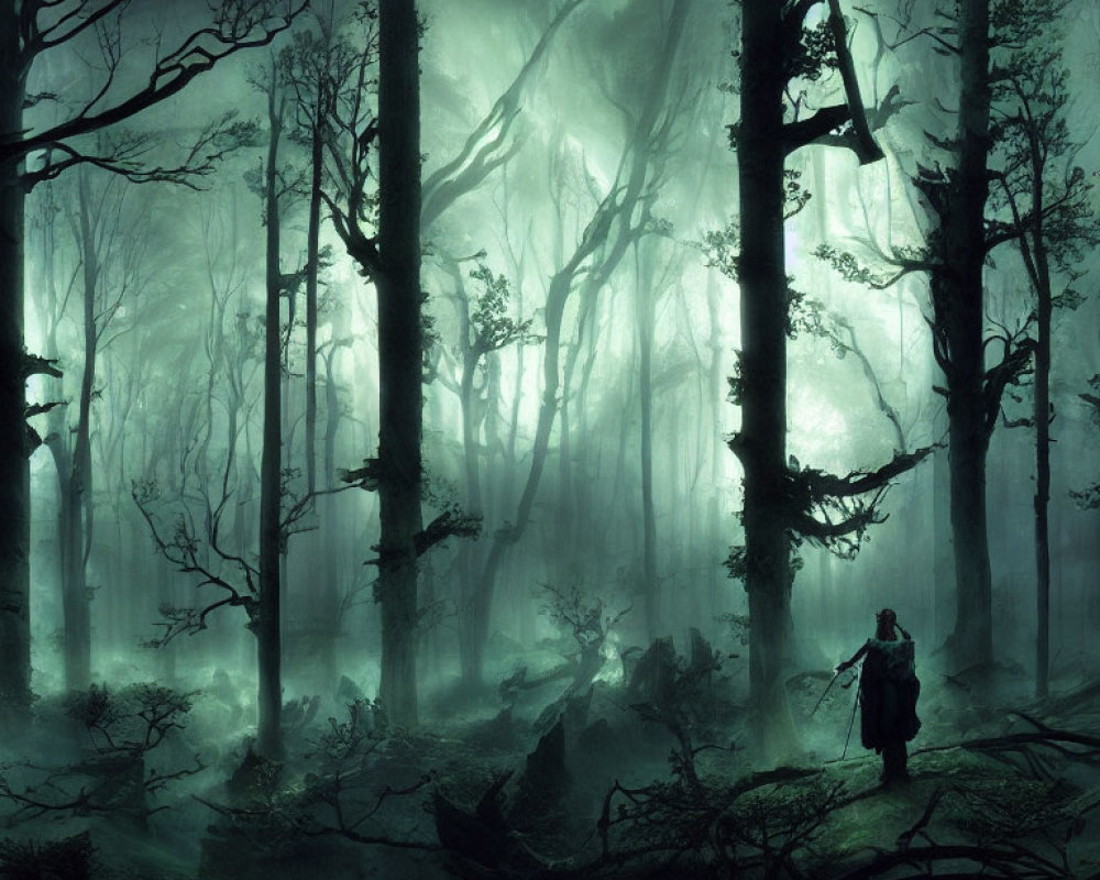 Misty forest scene with lone figure and eerie atmosphere