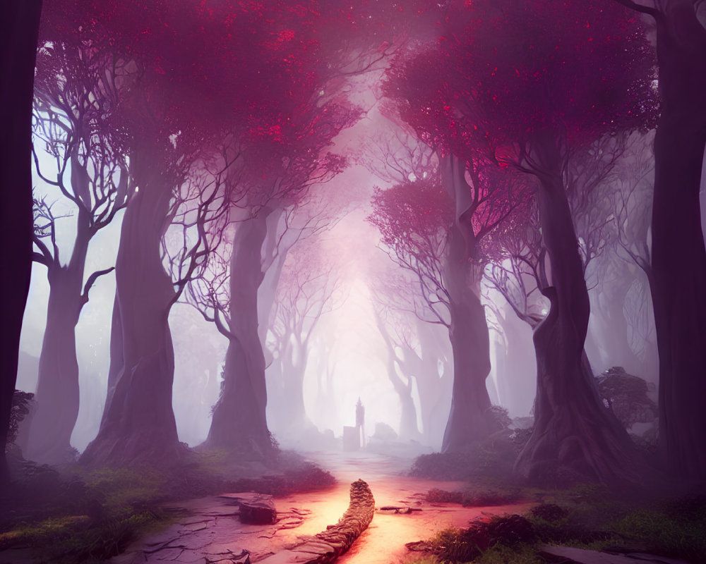 Misty forest with pink foliage, cobblestone path, and mysterious figure.