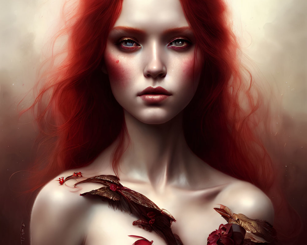 Portrait of woman with red hair, pale skin, dark lipstick, birds, flowers, misty backdrop