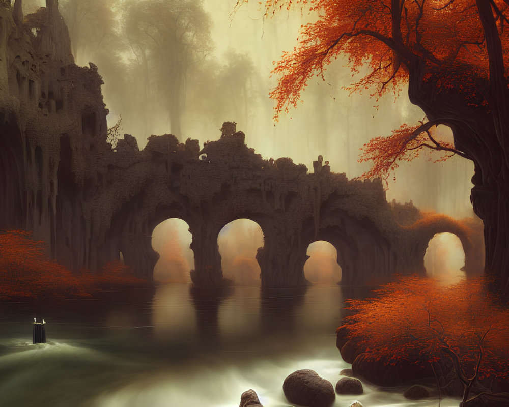 Tranquil river under stone arches in misty autumn forest