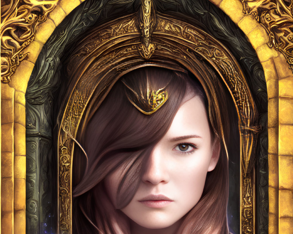 Digital artwork: Woman with brown hair and intense eyes under golden arch with blue orb.