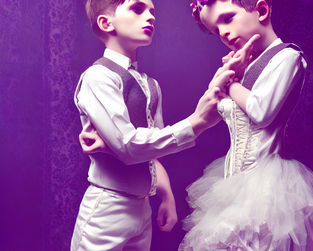 Fashionable Children Posing Against Purple Background