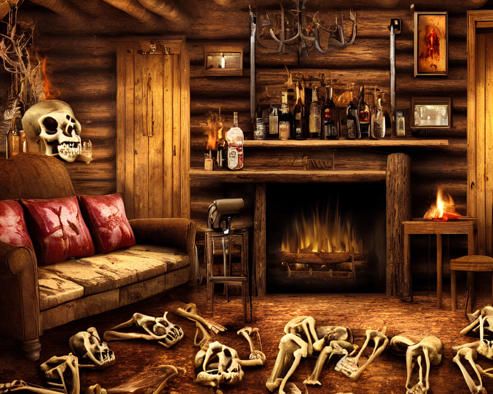 Creepy cabin interior with fireplace, human bones, couch, bar shelf, and skull.