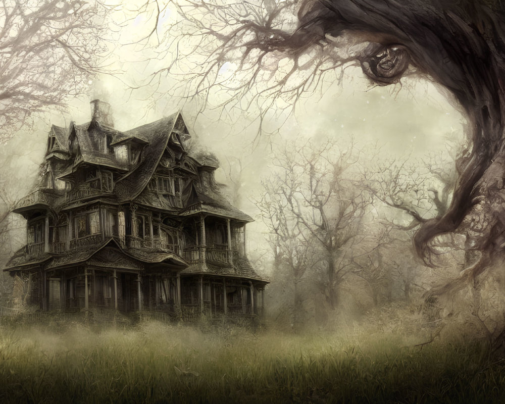 Eerie Victorian mansion in fog with gnarled trees