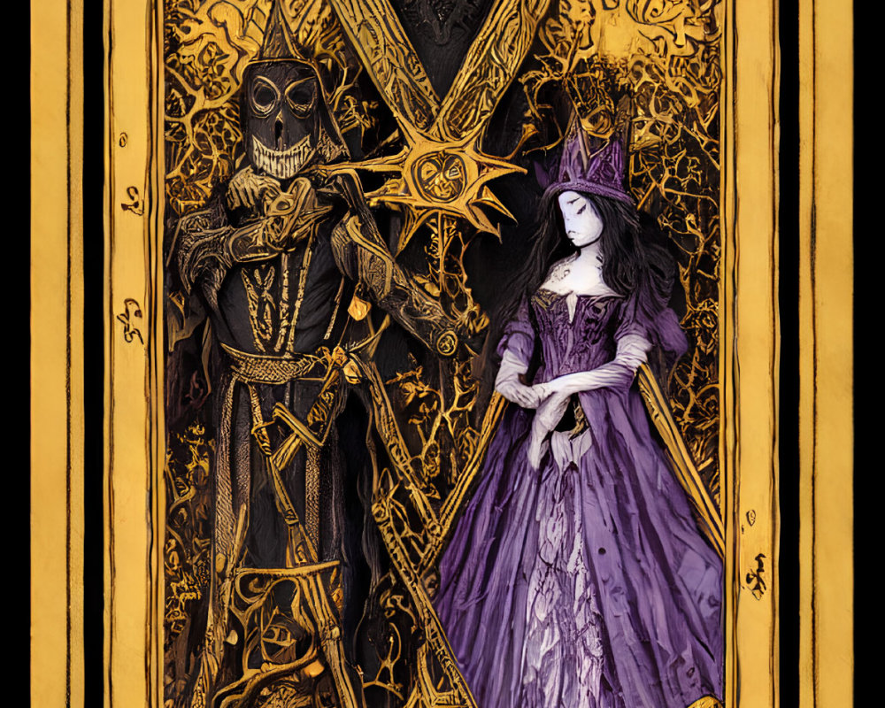 Gothic-style skeleton king and dark-haired queen in royal attire with golden frames.